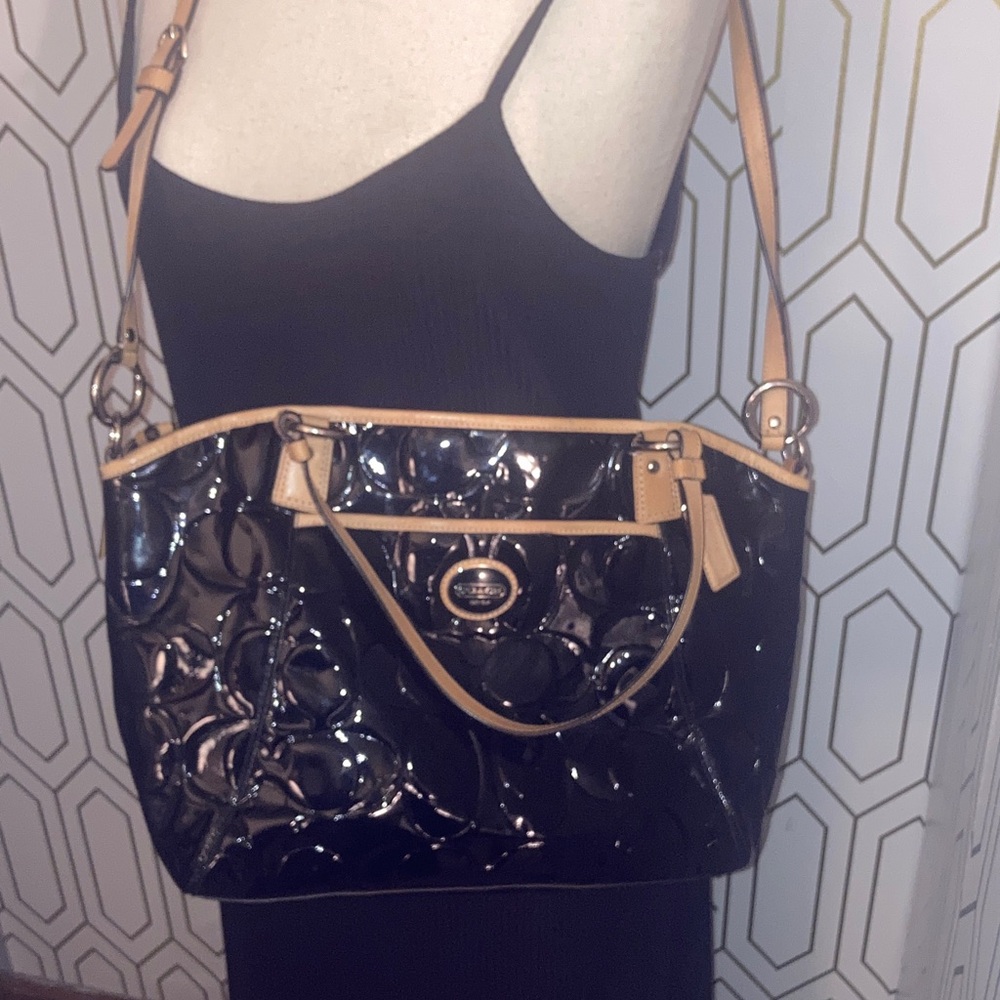 Genuine Coach Peyton  2012 Black Patent Leather Tote with Tan Straps